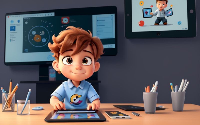 animated kid sitting in a table with pen holder and a tab and a mobile phone and a tv in the background