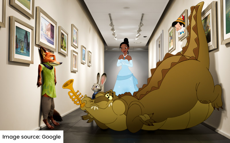 A cartoon woman standing next to a crocodile, both wearing friendly expressions