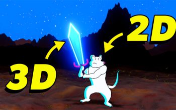 A cartoon mouse wields a sword against a blue backdrop