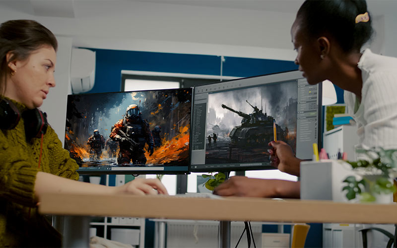 Two women sitting at a desk, focused on making 3d animation game, with two monitors displaying information.