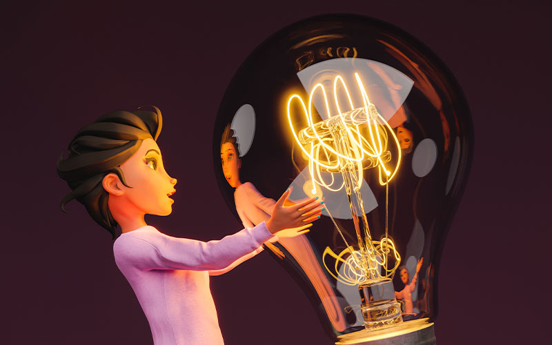 A cartoon girl holding a light bulb, showcasing creativity and innovation.