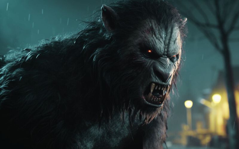 A werewolf with glowing red eyes standing in the dark, its face illuminated in a sinister red hue.