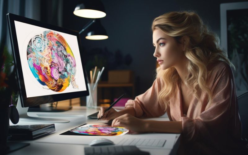 A woman working on a computer with a colorful painting displayed on the screen.