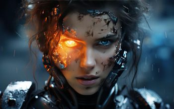 AI-enhanced VFX shot featuring a woman with glowing eyes in a futuristic sett